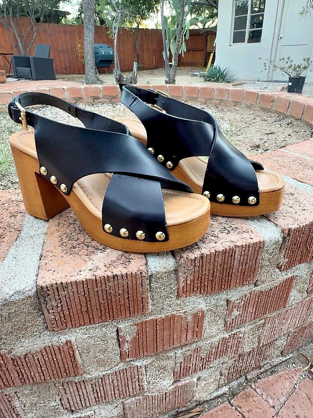 Anthropologie Studded Cross-Strap Platform Heels Black & Brown